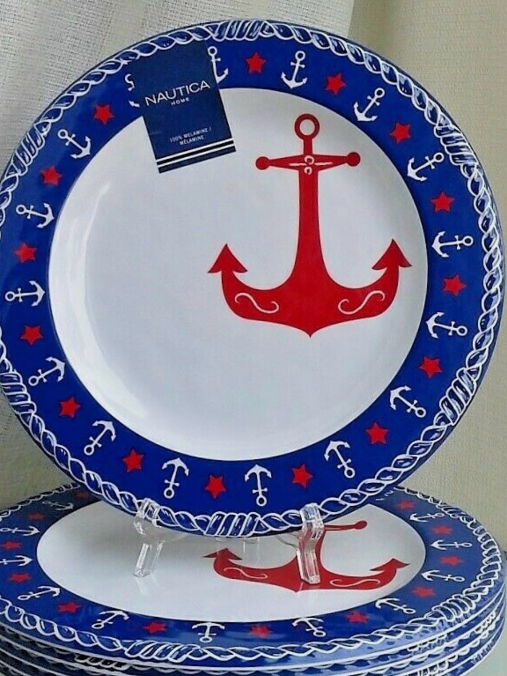 Nautica White/Blue/Red Anchor Heavyweight 100% Melamine DINNER Plate set of 4